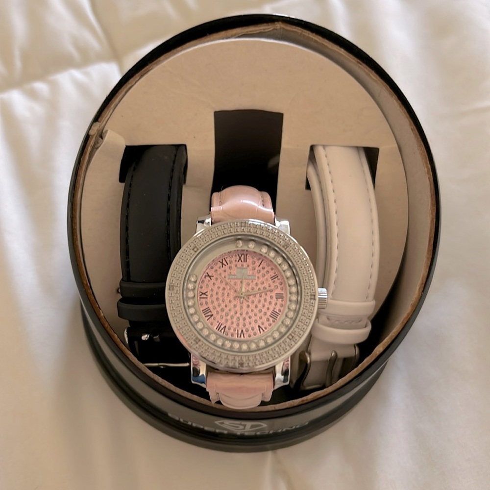 Super Techno Watch with diamonds in the face; three leather bands